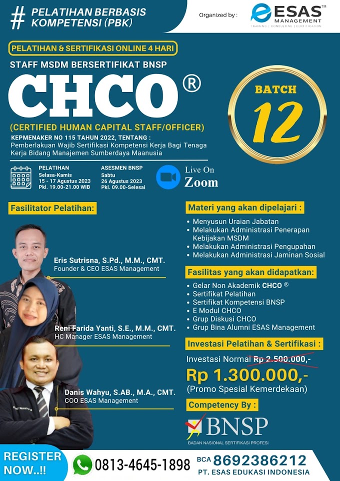 WA.0813-4645-1898 | Sertifikasi BNSP RI Human Capital Staff/Officer | Certified Human Capital Officer (CHCO) 15 Agustus 2023