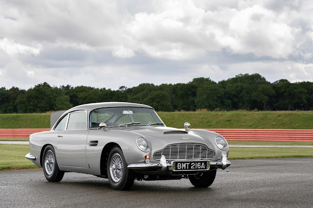 The Aston Martin DB5 Goldfinger Continuation model - front view with extended rear bulletproof screen.