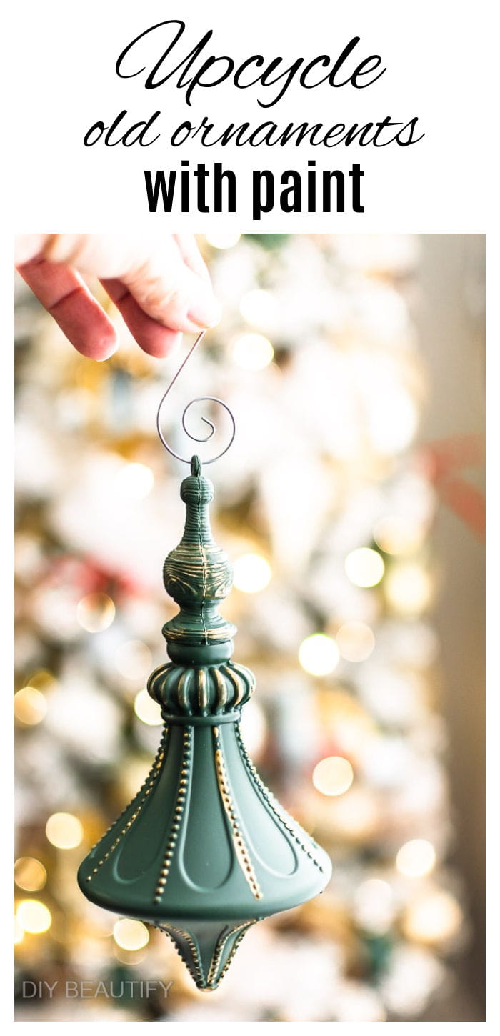 green finial ornament with gold painted details