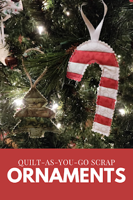 Quilt-as-you-go quilted ornaments made with fabric and batting scraps
