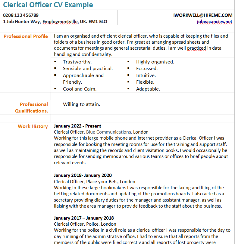 clerical officer cv example