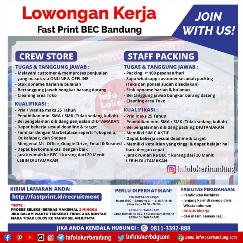 Lowongan Kerja Fast Print BEC Bandung November 2021