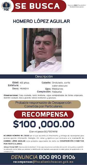 Ofrece FGE recompensa para la detención de Homero López Aguilar. Son 100 mil pesos.