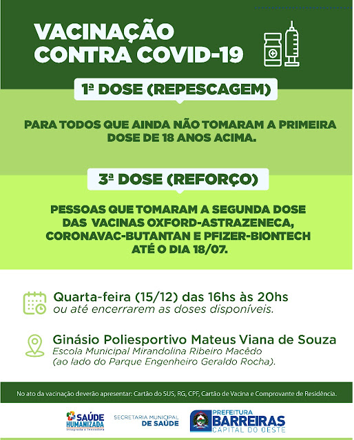 Vacinação contra Covid 19 será realizada nesta quarta-feira em Barreiras