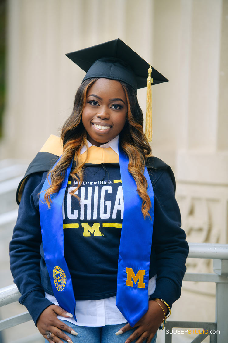 University of Michigan College Black Student Graduation Pictures on Campus by SudeepStudio.com Ann Arbor University Graduation Portrait Photographer