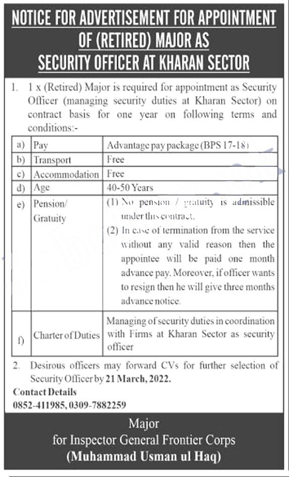 Security Officer New Jobs in Frontier Corps at Kharan