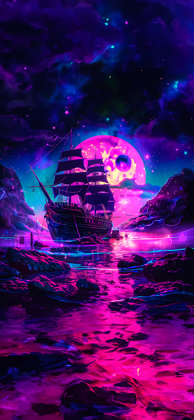 A sailboat is anchored in a bay under a large, colorful moon, with neon lights
reflecting on the water.

