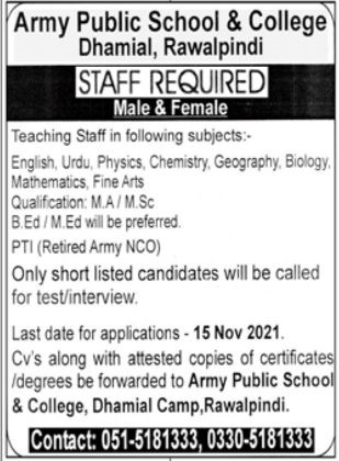 Army Public Schools & Colleges Jobs 2021 Rawalpindi