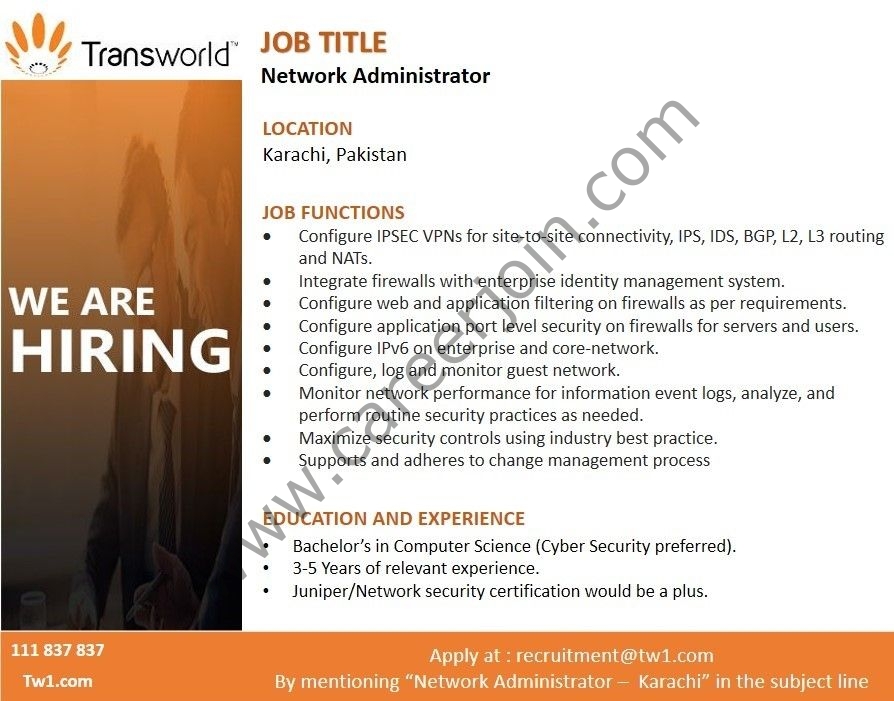 Transworld Pakistan Jobs Network Administrator