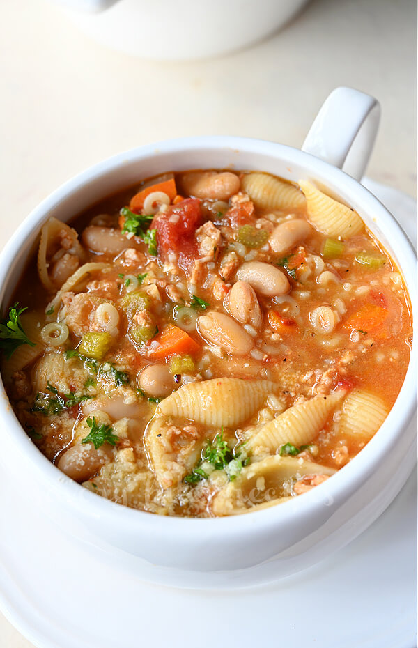 a cup with hot and cozy pasta fagioli