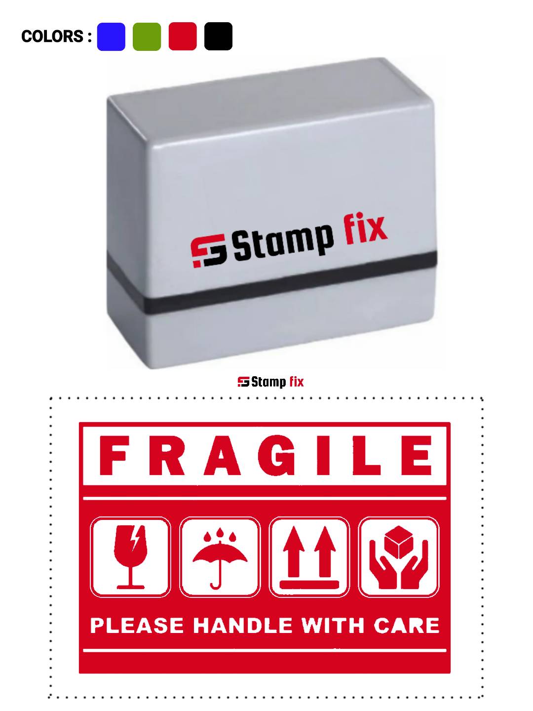 Pre Ink Fragile stamp, cartoon box stamp, amazon stamp, glass ware stamp, warning stamp, Stamp by StampFix, a self-inking stamp with high-quality impressions
in India, nylon stamp, rubber stamp, pre ink stamp, polymer stamp, urgent stamp