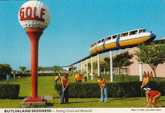 Butlinland Skegness – Putting Green and Monorail by John Hinde Studios. Sent on 4 Aug 1980