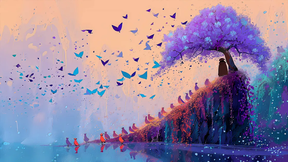 A stunning 4K digital artwork of a mystical purple tree with vibrant butterflies taking flight over a serene lake, perfect for desktop wallpaper.