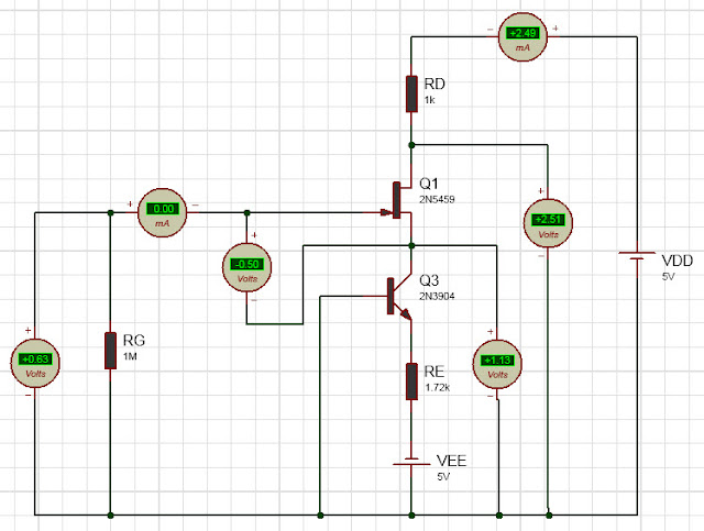 simulated JFET current source biased circuit diagram