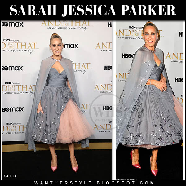 Sarah Jessica Parker in grey chiffon cape dress at And Just Like That premiere