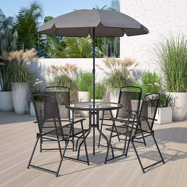 Nantucket 6 Piece Patio Garden Table Set - Umbrella Table - Set of 4 Black Folding Chairs