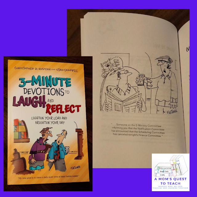 A Mom's Quest to Teach:  Book Club: Book Review of 3-Minute Devotions to Laugh and Reflect Cover of book and cartoon