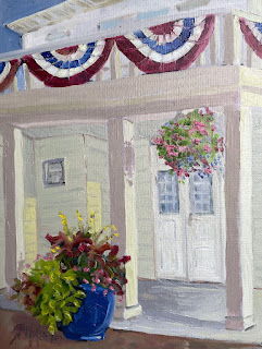 flag bunting entrance, flowerpots, Youngstown NY