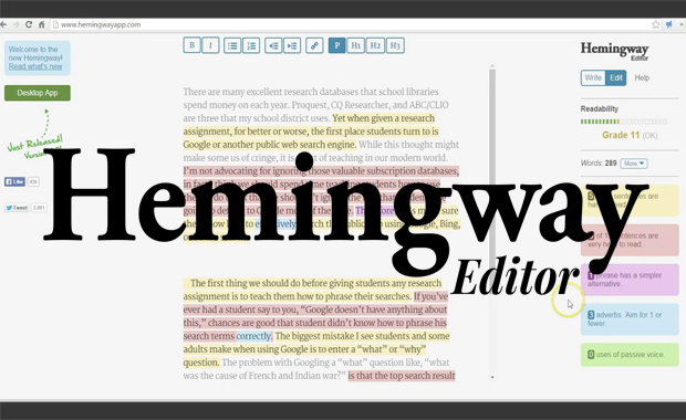موقع Hemingwayapp الرهيب لتحسين المقالات المكتوبة باللغة الانجليزية و تصحيح الأخطاء اللغوية