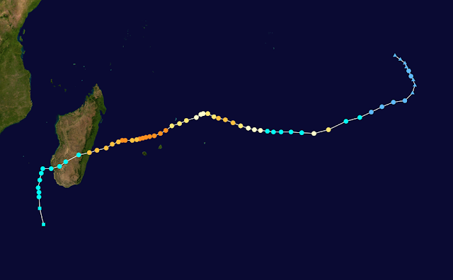 Map plotting the storm's track and intensity, according to the Saffir–Simpson scale Map key