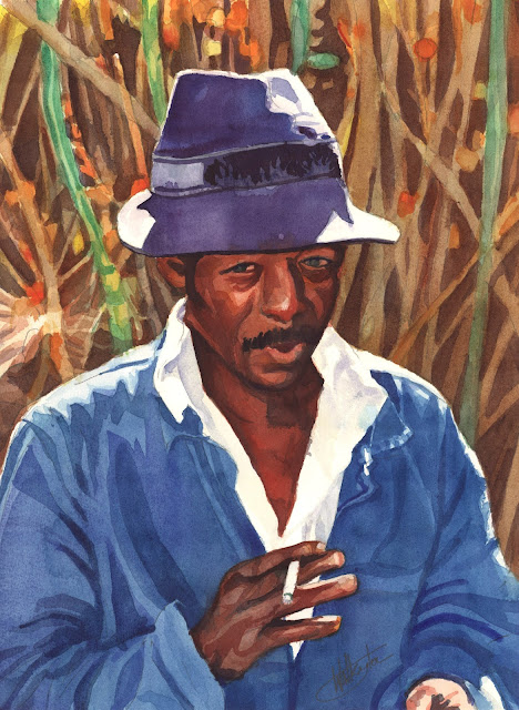 Watercolour portrait of a sugar cane cutter taking a welcome cigarette break after his work, "La pause," by William Walkington