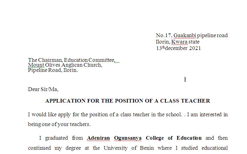 APPLICATION FOR THE POSITION OF A CLASS TEACHER