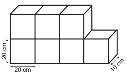 As dimensões de cada tijolo são 20 cm × 20 cm × 10 cm e eles serão assentados como mostra a figura. Desconsidere a espessura da argamassa