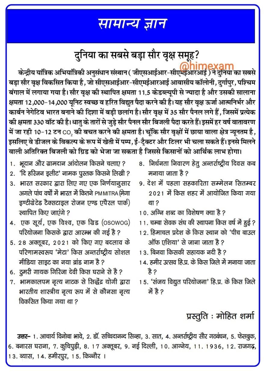 HP Giriraj December  3rd Week Current Affairs Question 2021