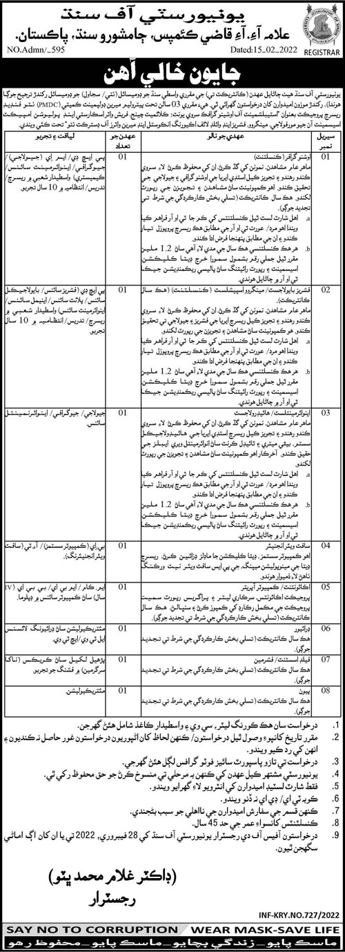 University of Sindh Jamshoro Jobs 2022