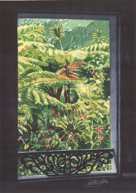 Watercolour of a window view of a very lush sunlit tropical garden, "Fenêtre," by William Walkington