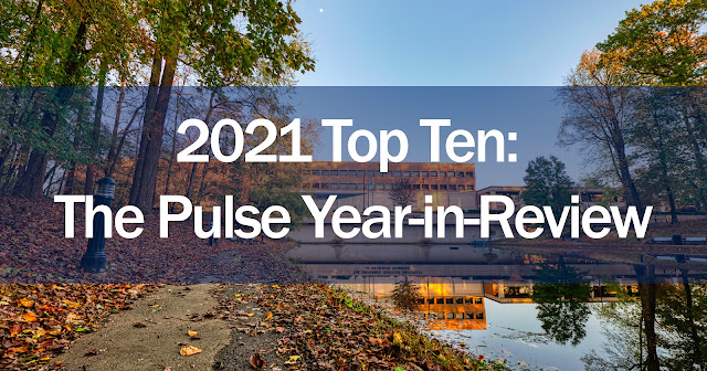 A photo of the USU courtyard with the text "2021 Top Ten: The Pulse Year-in-Review" over it