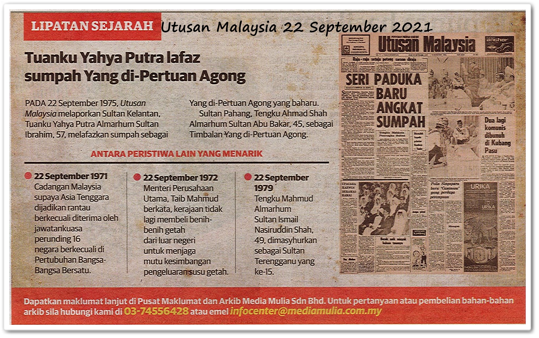 Lipatan sejarah 22 September - Keratan akhbar Utusan Malaysia 22 September 2021