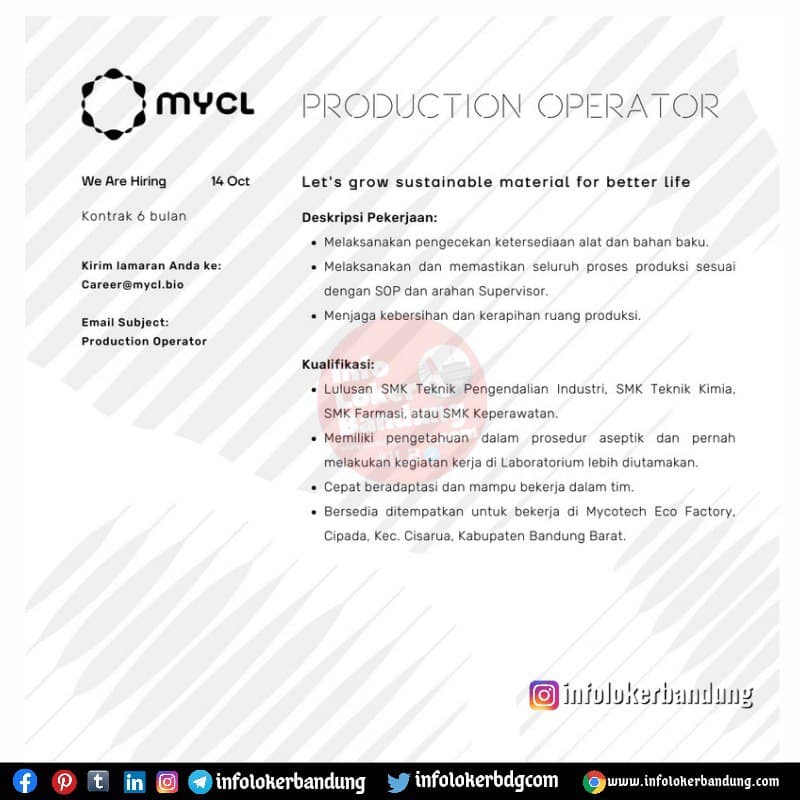 Lowongan Kerja Production Operator Mycl Bandung Oktober 2021