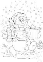 Cute snowman with gifts coloring page