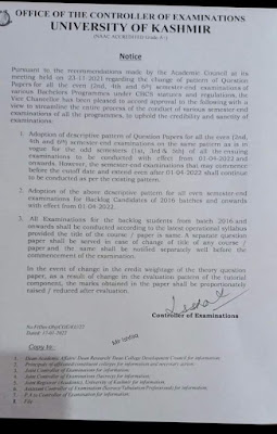 Pursuant to the recommendations made by the Academic Council at its meeting held on 23-11 2021 regarding the change of pattern of Question Papers for all the even (2nd, 4th and 6th) semester end examinations of various Bachelors Programmes under CBCS statutes and regulations, the Vice Chancellor has been pleased to accord approval to the following with a view to streamline the entire process of the conduct of various scmesterend cxaminations of all the programmes, to uphold the credibility and sanctity of examinations: