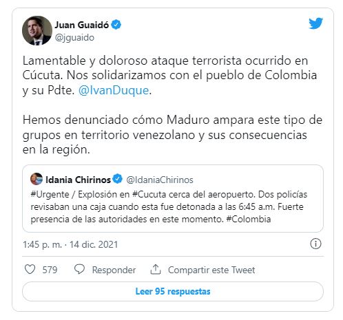Juan Guaidó condenó el ataque terrorista en el Aeropuerto de Cúcuta