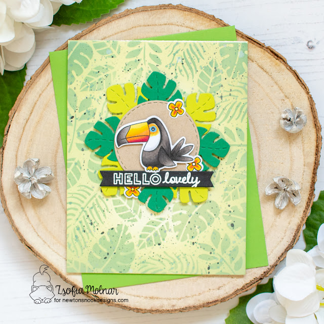 Tropical Card by Zsofia Molnar | Toucan Party Stamp Set, Tropical Leaves Stencil, Hibiscus Die Set and various shape die sets by Newton's Nook Designs #newtonsnook