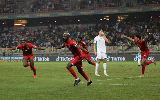 Obiang Esteban celebrates the winning goal as Equatorial Guinea shock champions Algeria at AFCON 2021