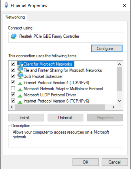 Ethernet properties window