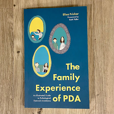 Green book cover with three mini illustrations of mum with child, title text The family experience of PDA