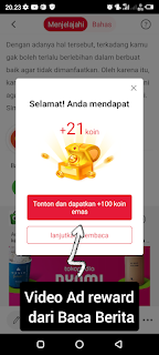 Reward Koin video ad dari Task Baca Berita CashZine