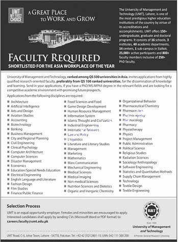 UMT New Jobs 2021 – University of Management and Technology Jobs in Lahore