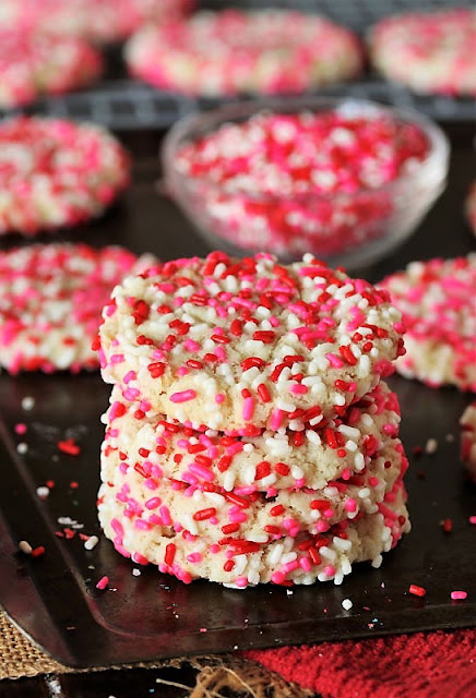 Stack of Valentine's Sprinkle-Coated Sugar Cookies Image