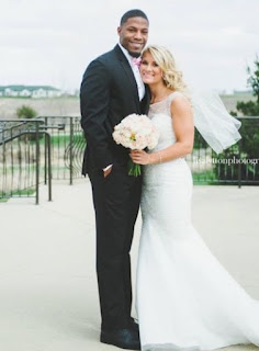 Meghan Brock with her husband David Johnson in their wedding dress