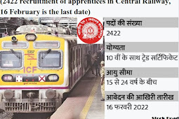 सेंट्रल रेलवे में अप्रेंटिस के 2422 भर्ती,16 फरवरी है आखिरी तारीख  (2422 recruitment of apprentices in Central Railway, 16 February is the last date)