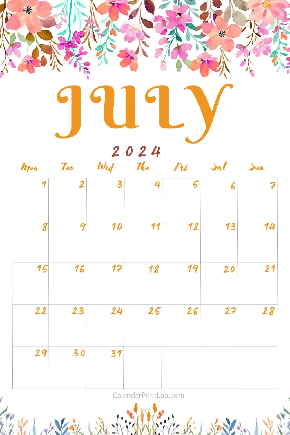 Free July 2024 Floral Calendar