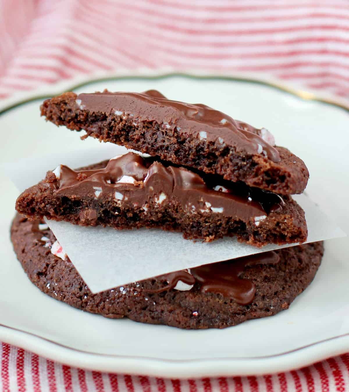 Chocolate Peppermint Crunch Cookies halved.