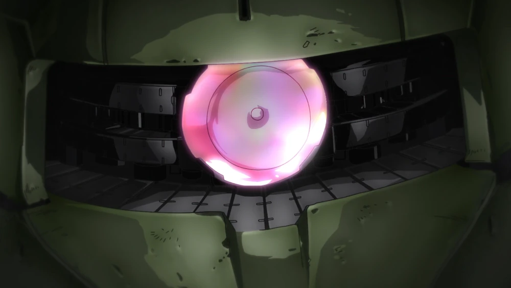 “Primer plano del monoeye del Zaku de Doan en Mobile Suit Gundam: Cucuruz Doan’s Island”