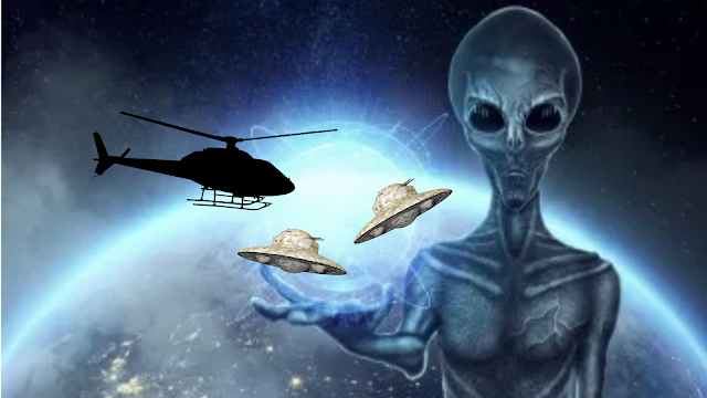 Here's an Alien with hand open and 2 UFOs with a black png helicopter.