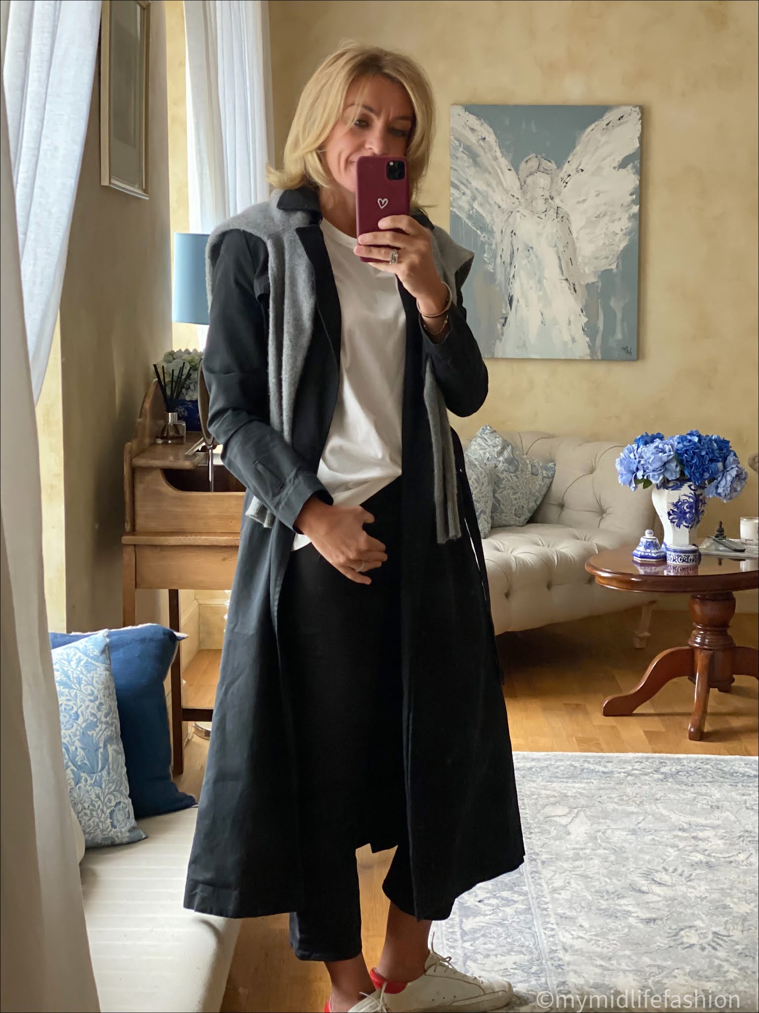 my midlife fashion, Zara crew neck cashmere jumper, Isabel Marant Etoile black trench coat, Joseph crew neck t shirt, j crew cropped kick flare jeans, golden goose superstar low top leather trainers